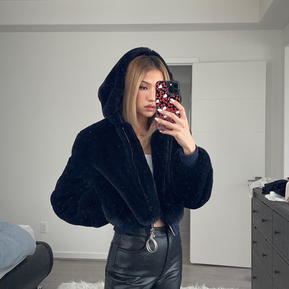 Women's Black Faux Fur Hooded Jacket